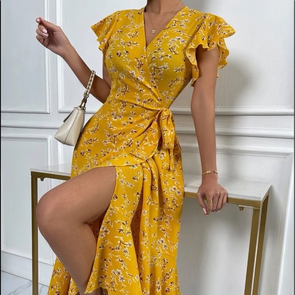 Boho Floral Print Butterfly Sleeve Dress Mustard Yellow - Picture 2 of 13